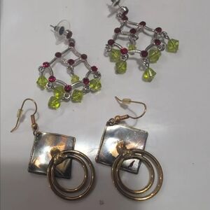 Dangle Earrings Duo in Lime Green Crystal & Gold Tone